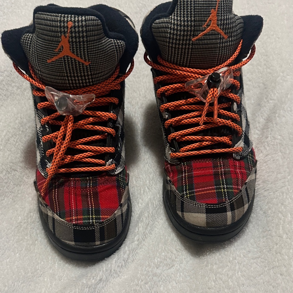 Size 7y Big Kids/ Size 8.5W Jordan 3 Plaid High-Top Sneakers with Orange Accents